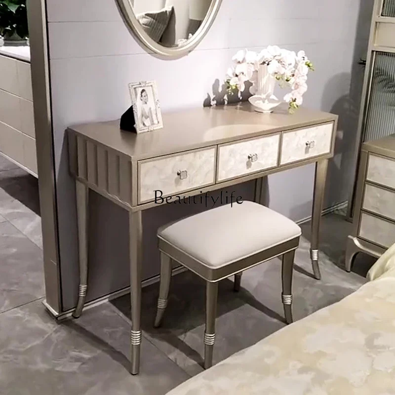 

02 Light luxury American shell makeup table Solid wood small apartment mini makeup table