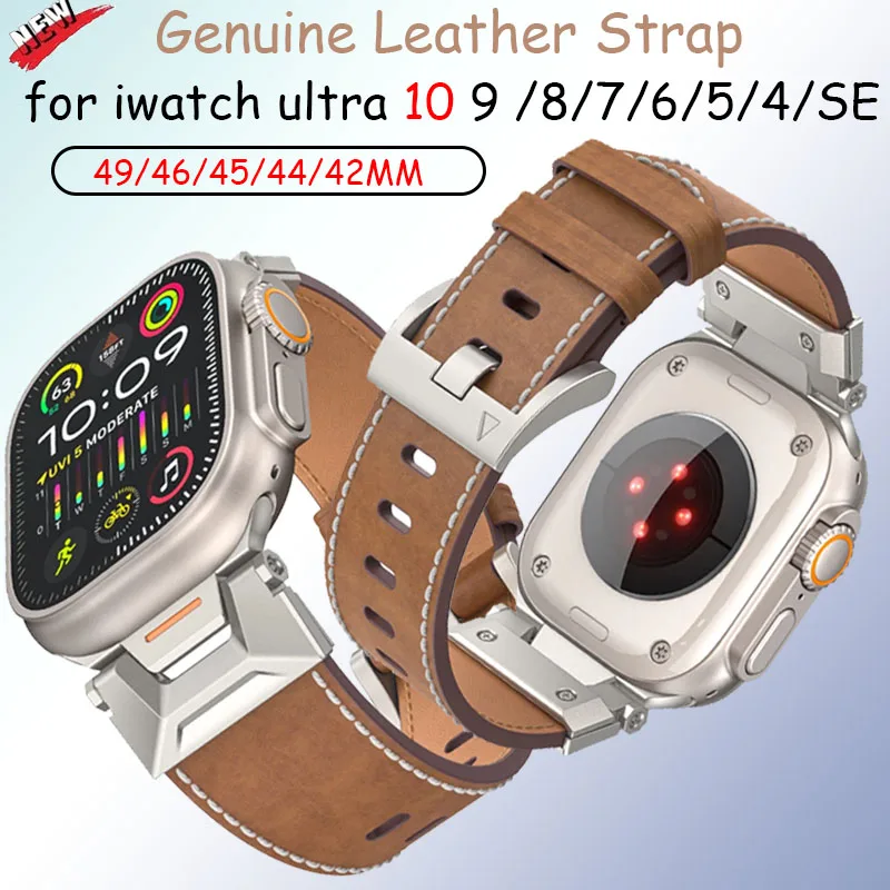 

Genuine Leather Strap For Apple Watch Ultra 2 49mm Series 10 46mm 9 8 7 45mm Mecha Business Bracelet iWatch 6 5 4 SE 44mm 3 42mm