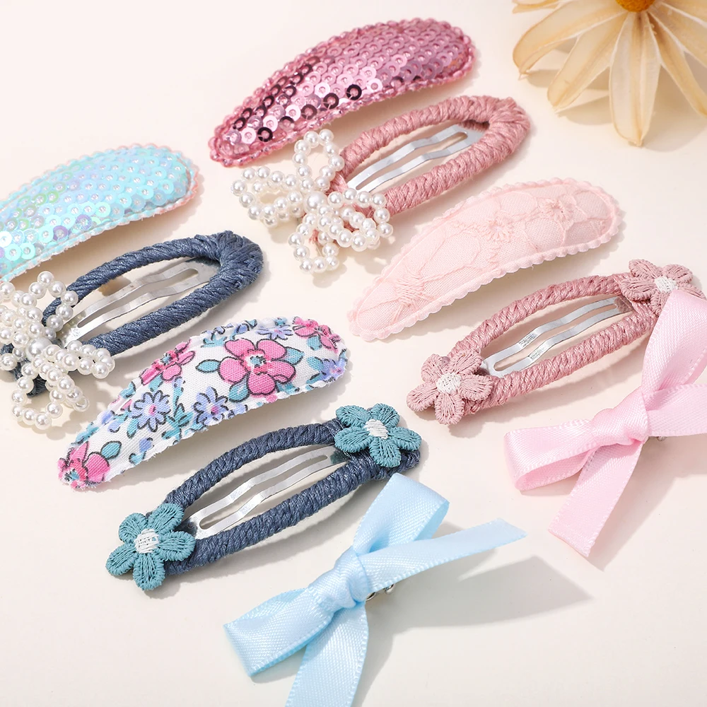 BABY BOWS 5Pcs Sweet Sequin BB Hairclip Embroidered Pearl Handmade Hairgripes for Girls Hair Accessories Ribbon Barrette Set