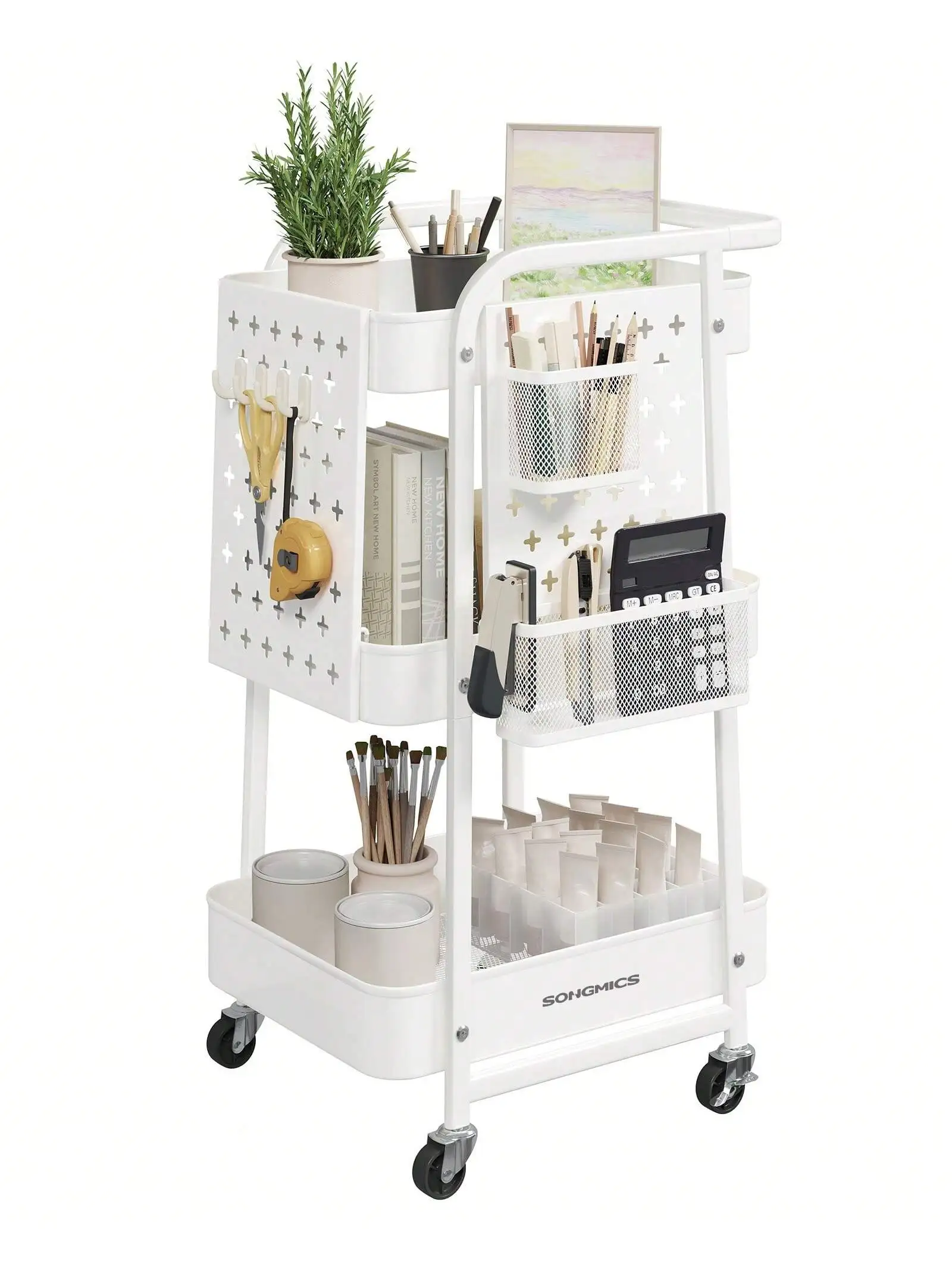 

SONGMICS 3-Tier Storage Cart, Rolling Utility Cart, Metal Mesh Shelves, 2 Removable Pegboards, 2 Hanging Holders, 4 Hooks