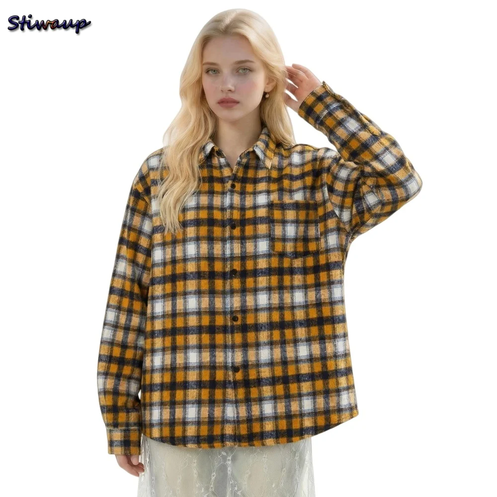American Retro Women's Plaid Shirt Baggy Casual Youth Beautiful Best Selling Elegant Women's Blouses Spring Women's Luxury Tops