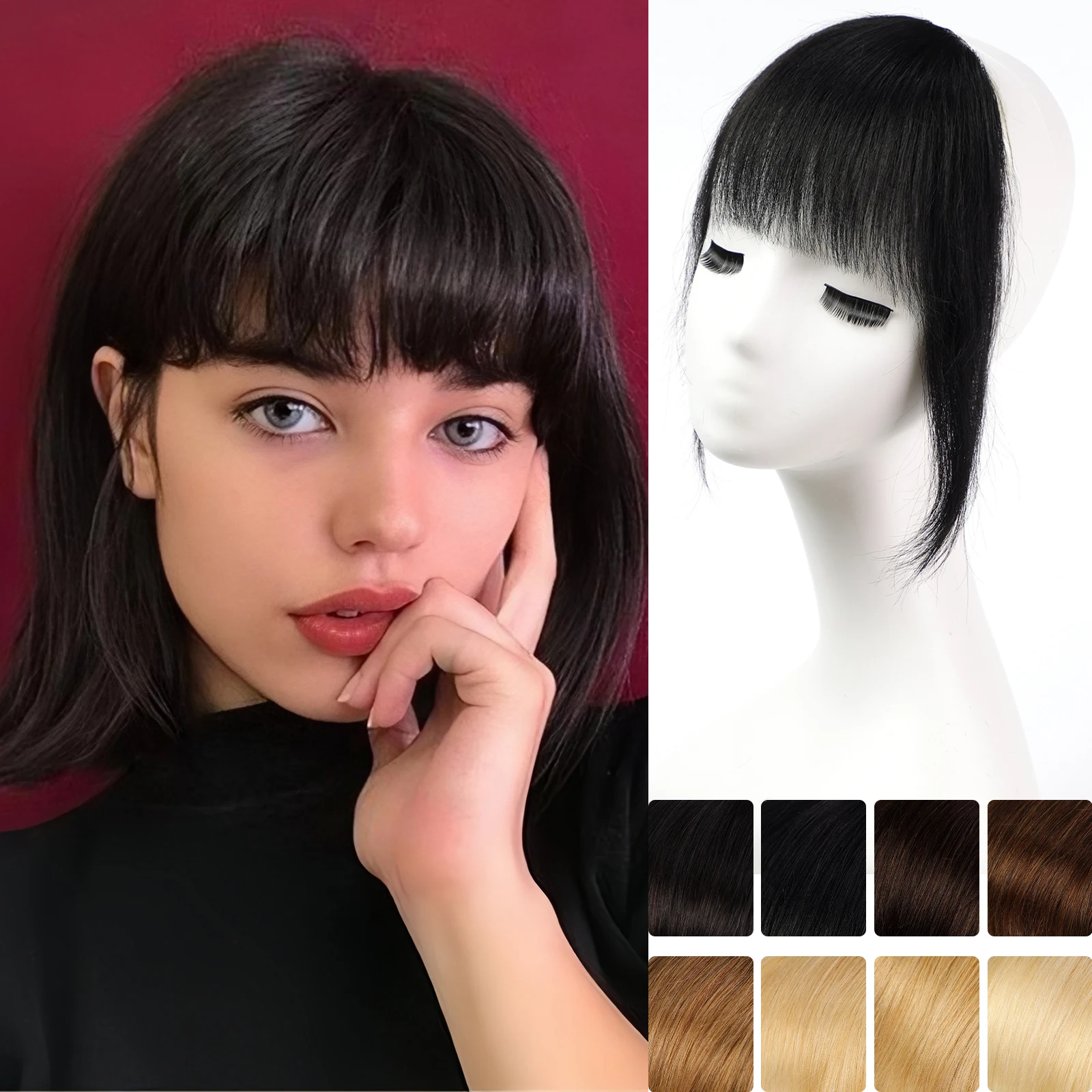 100% Human Hair Black Bangs with Sideburns Clip in Hair Extensions for Daily Wear Human Hair Blunt Cut Wispy Fringe Hairpiece