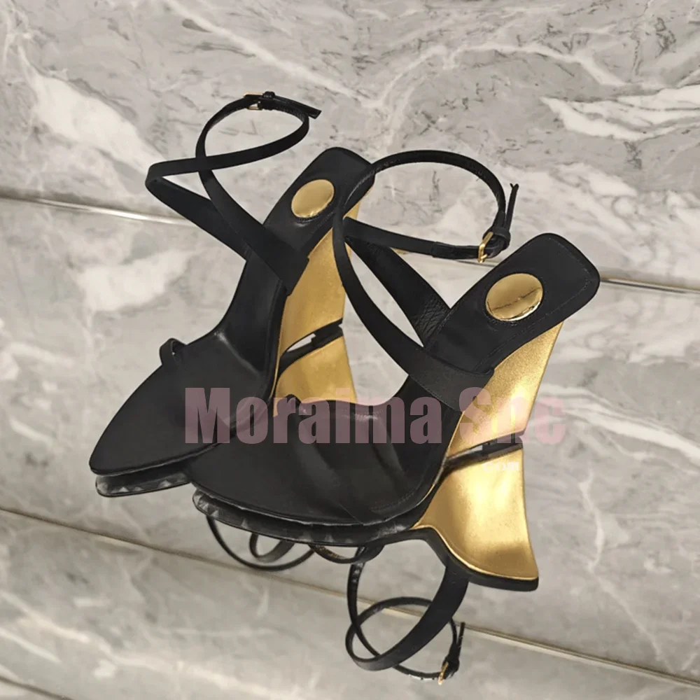 

2025 New Summer Satin Wedges Sandals Pointed Open Toe Cross Strap Ankle Buckle Sexy Women's Dress Shoes Banquet Party Black Gold