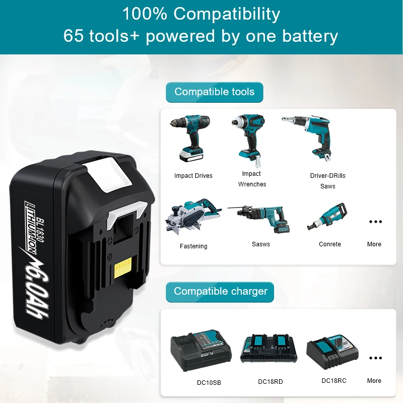 For Makita 18V 6.0Ah BL1860 LXT Lithium ion Battery + Charger BL1830 BL1850 BL1840 BL1840B BL1830 BL1830B BL1815B Battery