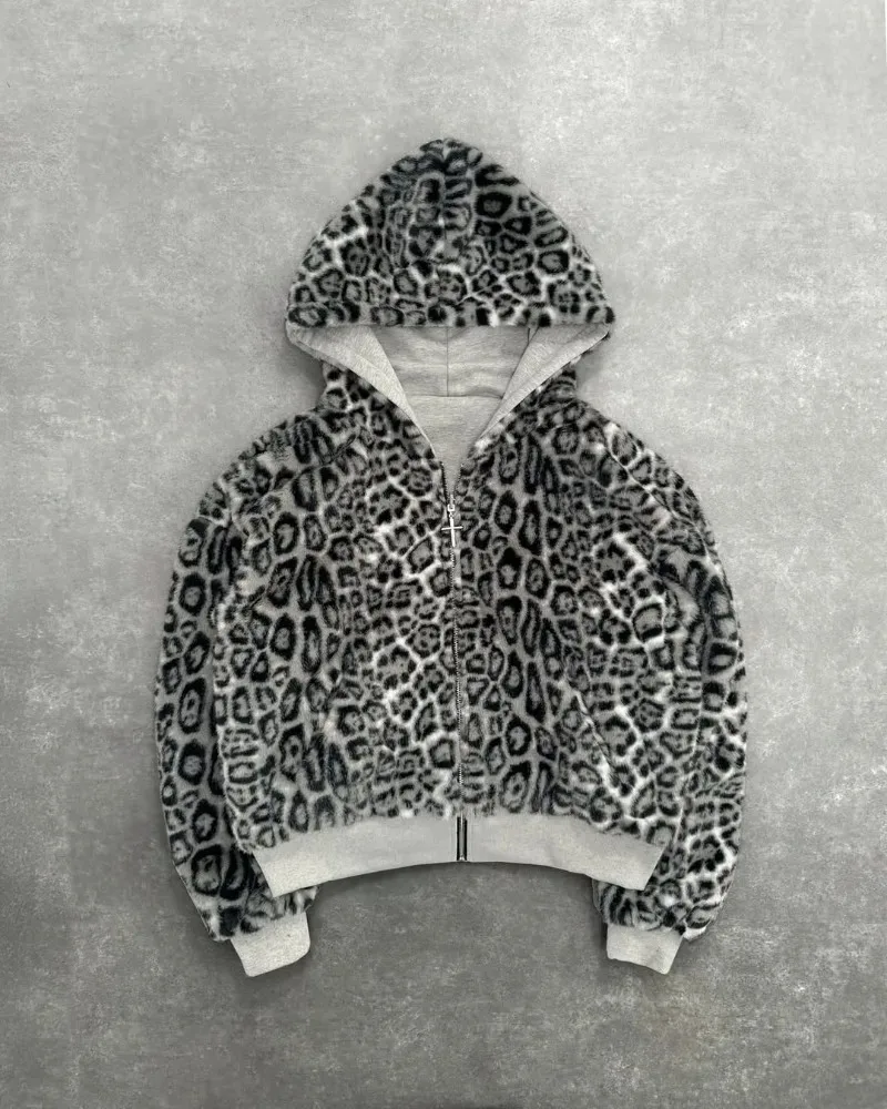 Hip-hop New Two-sided Clothing Harajuku Retro Leopard Print Fashionable Loose Zipper Hoodie Men Street Casual Sweatshirt Women