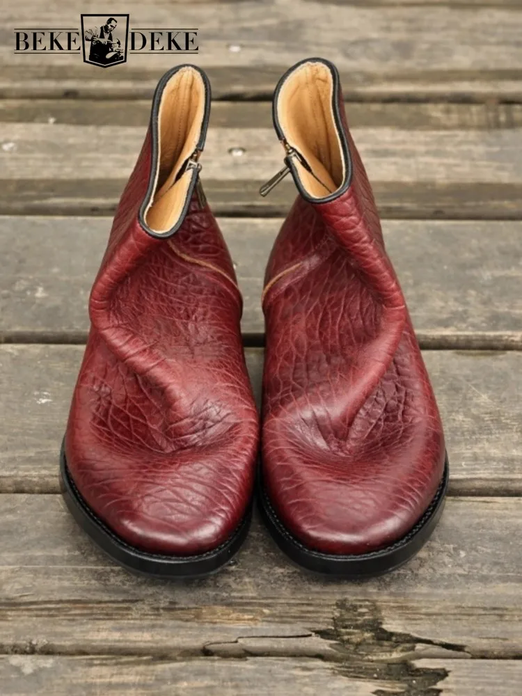 

Vintage Genuine Leather Chelsea Boots Men Handmade High Quality Shoes Zipper Cowskin Personality Business Casual Short Boots