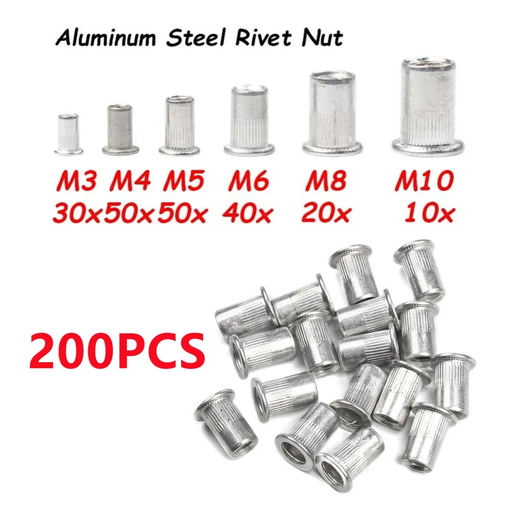 240/200/150PCS M3 M4 M5 M6 M8 M10 Mix Size Aluminum Flat Head Rivet Nut Insert Rivnut Nutsert Set Kit M3 M4 M5 M6 M8 M10