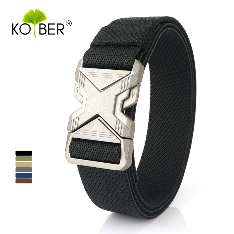 KOLBER Nuevo Cinturón Elástico Plateado para Hombre Hebilla de Metal Liberación Rápida 3.4cm Cinturón Casual Cinturón Elástico Tejido Apretado Faja Táctica Hombre