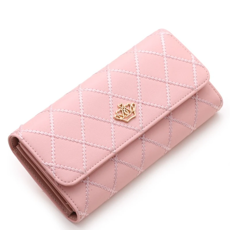 

New Women's Wallet Long Multifunctional Grid Crown Embroidered Three Fold Wallet Large Capacity Mobile Phone Bag