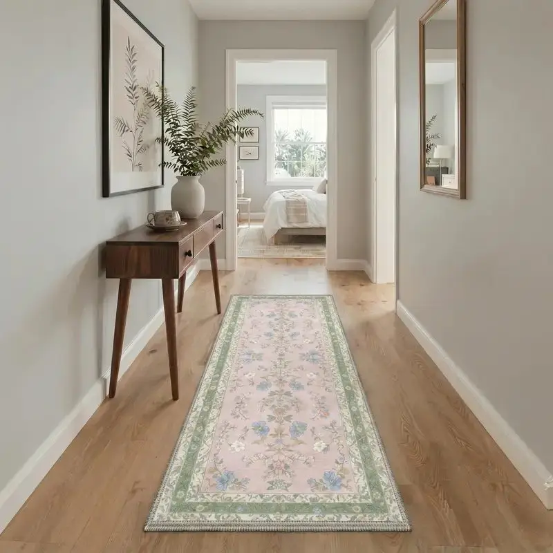 VIKAMA Pink Floral Bow Ribbon Flannel Runner Rug Non Slip Hallway Mat for Kitchen Bedroom Soft Cozy Aesthetic Home Decor