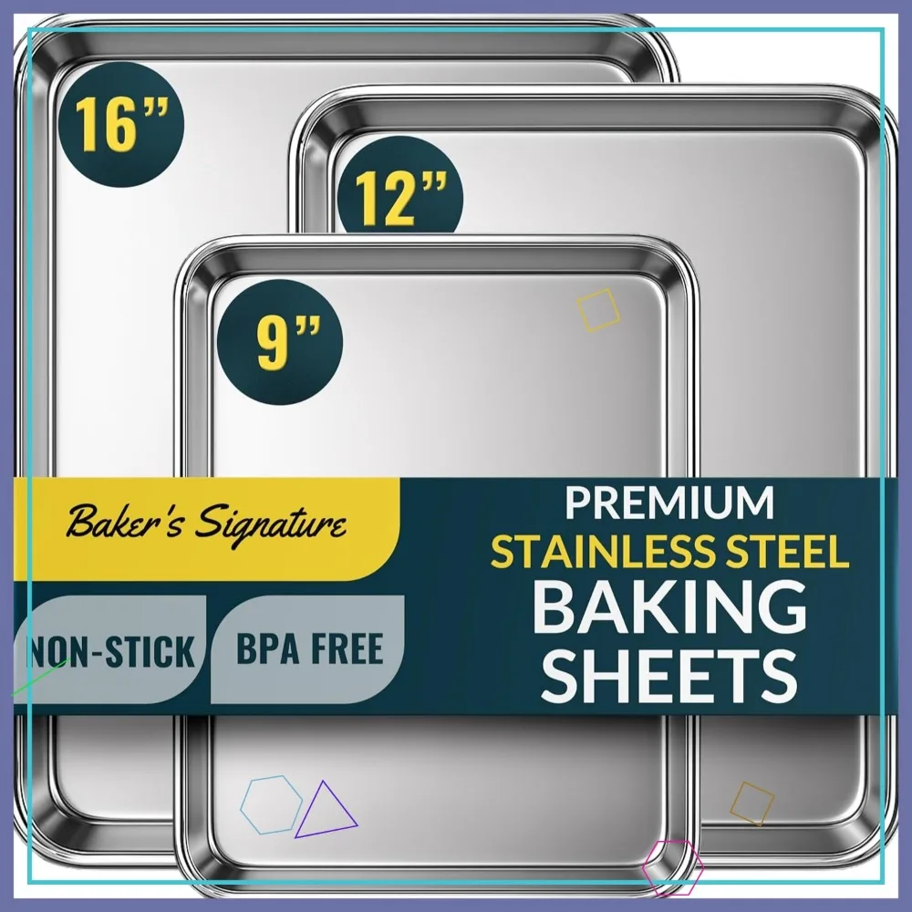 

Stainless Steel Baking Sheet Set of 3, Mirror Finish, Non-Stick, Rust Resistant, Dishwasher Safe, 9/12/16 Inch