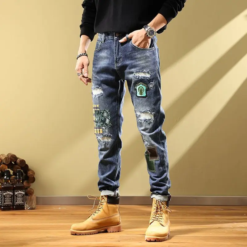 Korean jeans men's handsome patch Ripped  vintage jeans autumn 2022 versatile elastic European and American youth trousers