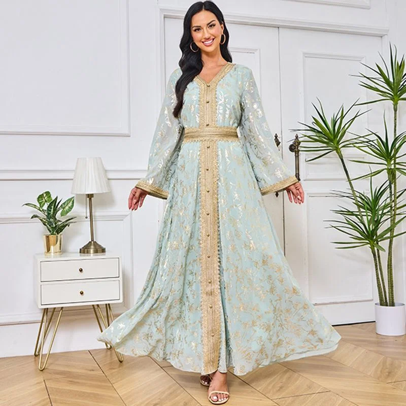 

Women's V-neck Gilt Printed Longr Dess Abu Dhabi Saudi Tourism Gown Top Women 2025 Summer New High Waisted Skirt Light Luxury