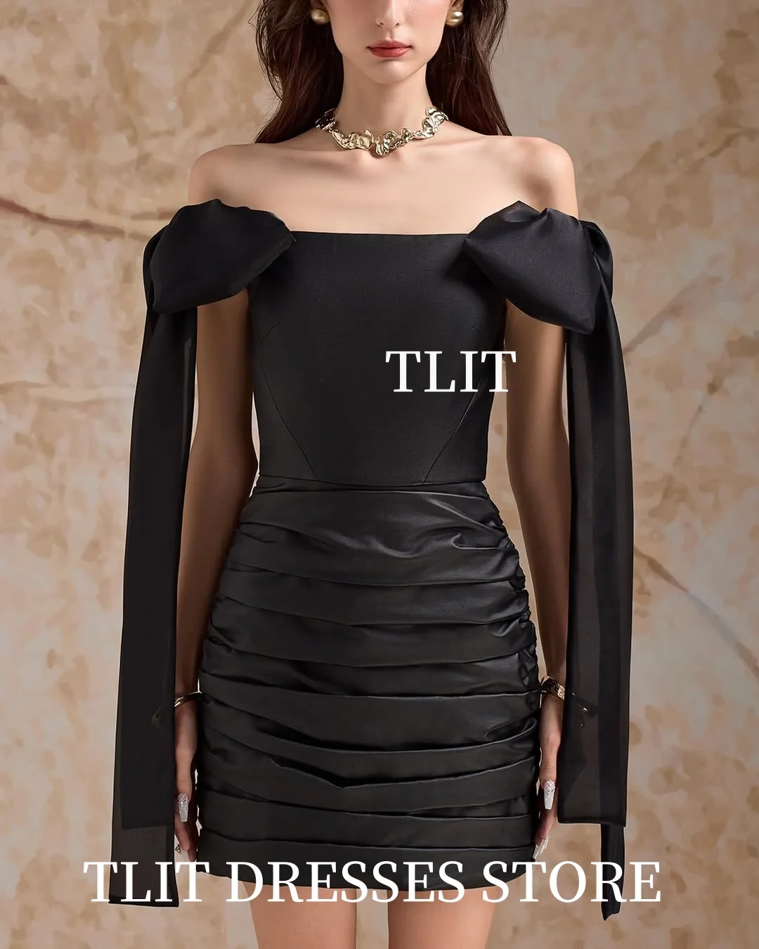 TLIT Sexy Black Taffeta Tiered Evening Gown Dresses Short Sheath Strapless Bow Tie Cocktail Dresses Customized Formal Party