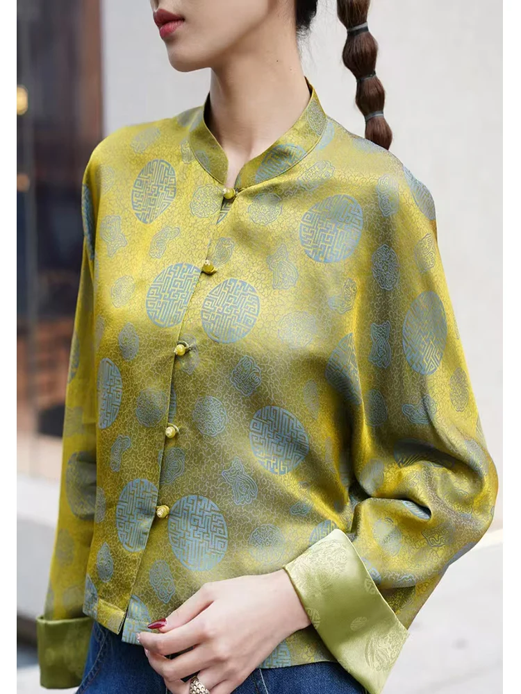 Spring and Summer New High Quality Stand Collar Contrasting Color Cuffs Chinese Style Button Silk Jacquard Coat for Women S-XL