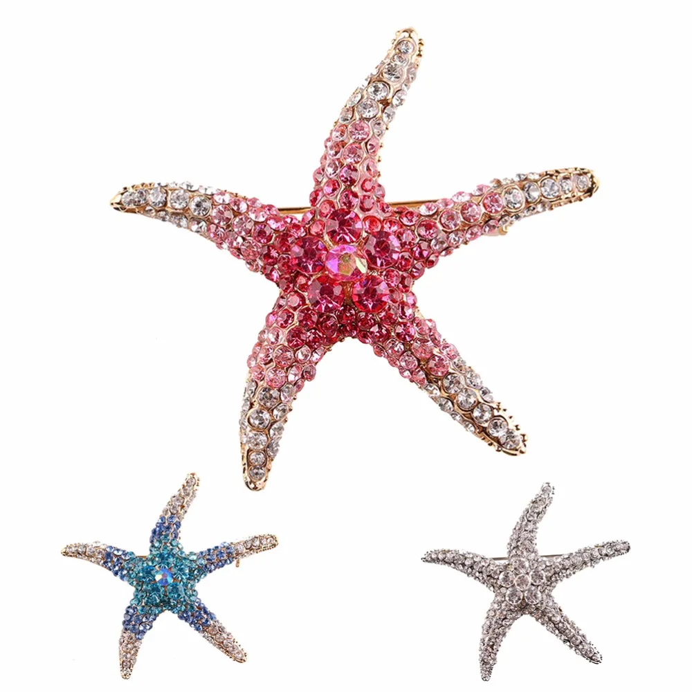 Full Rhinstones Starfish Brooch Red Blue Green Blue Animal Sea Star Brooches For Women Brooch Pin Jewelry Accessories