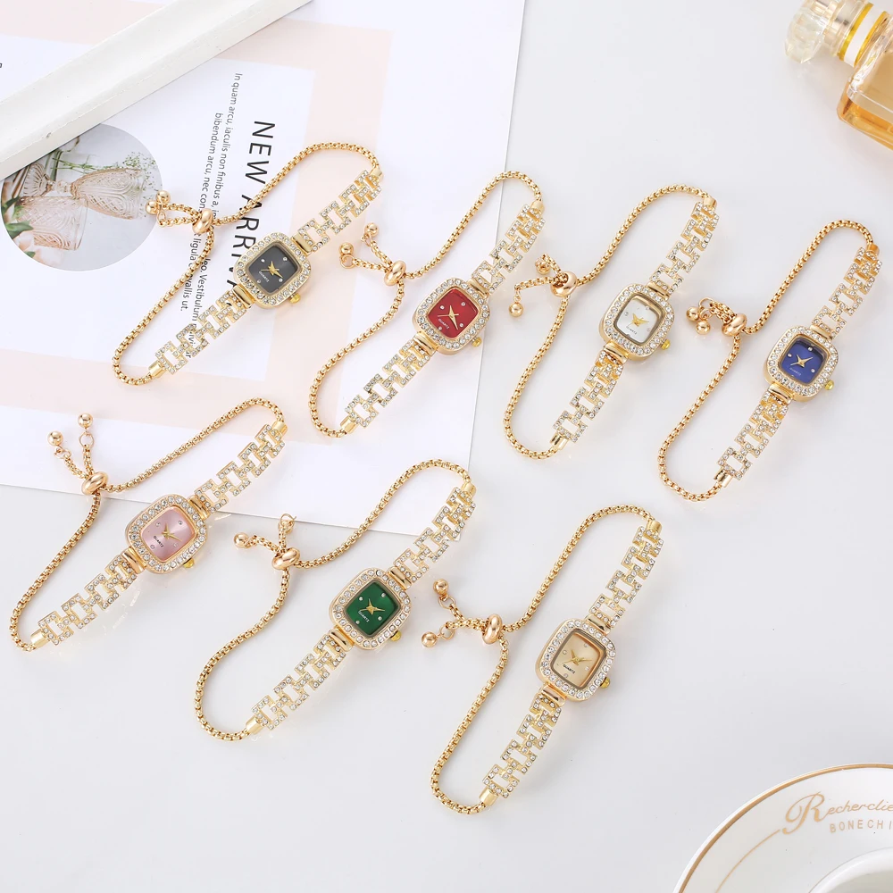 1 piece/set of diamond studded pull-out bracelet watch, freely adjustable, niche gold quartz watch, square watch, women's watch