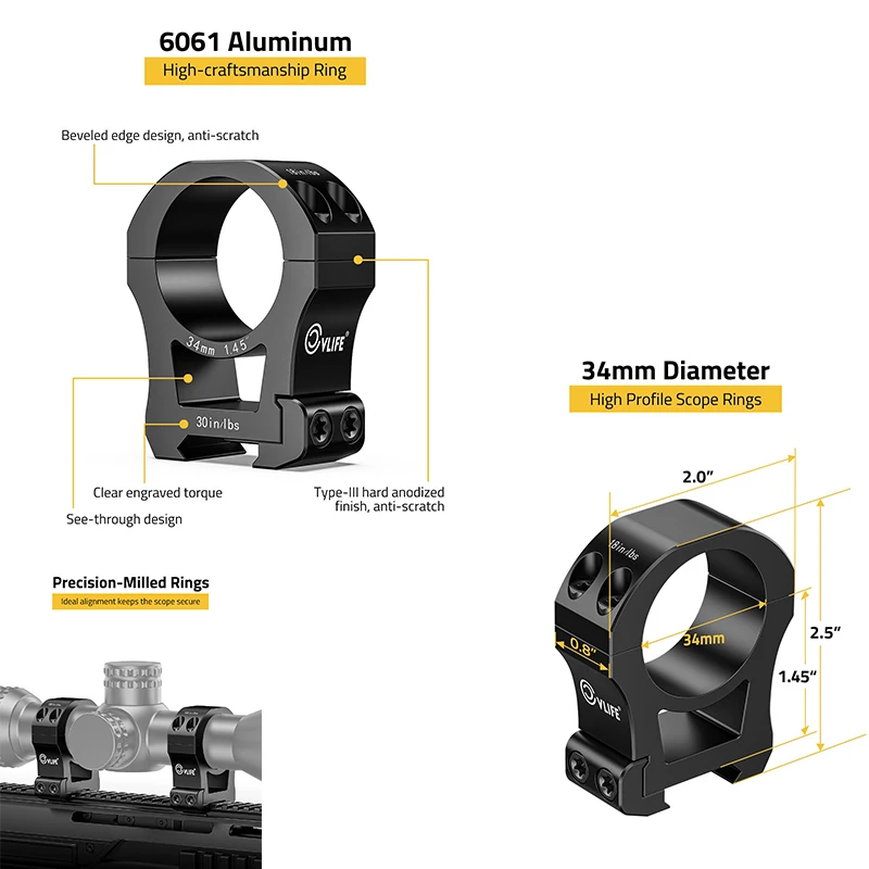 

CVLIFE 34mm Precision Scope Ring Mount 1.45" High Profile Optic Riflescope Mounting Kit Compatible with Picatinny Rails 2 Piece