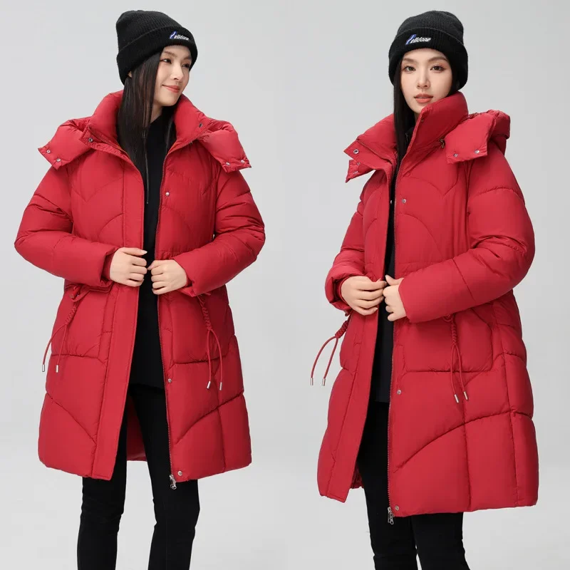 Women\'s Winter Down Cotton Jacket Loose Detachable Hat Waist Slimming Warm Outerwear Fashion Design Ladies Coats Female Parkas