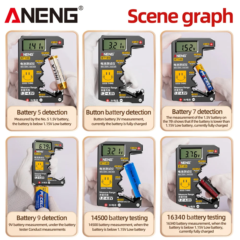 ANENG BT189 Uniwersalny tester baterii do baterii C, AAA, AAA, D, N, 9 V 6F22 1,5 V 3 V Wskaźnik baterii guzikowej Narzędzia elektryczne