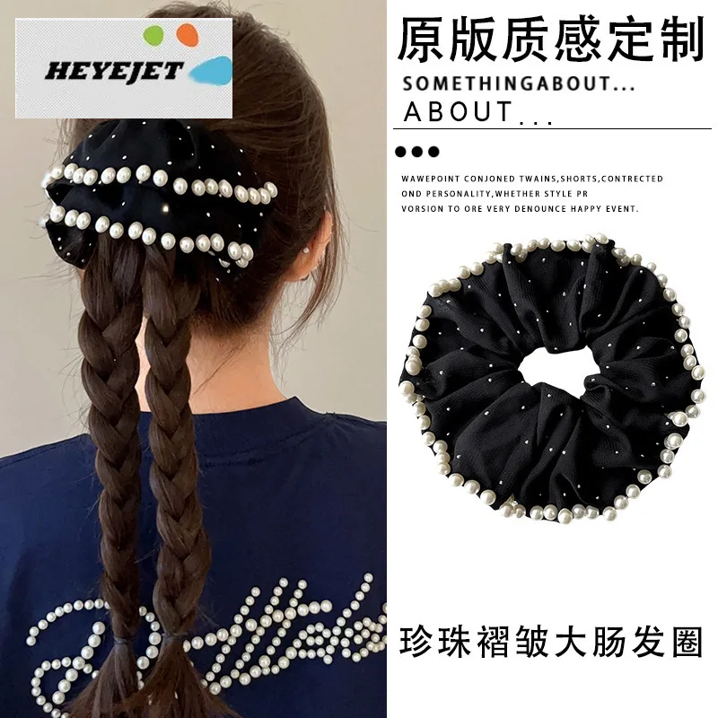 1pc Audrey Inspired Pearl Beaded Polka Dot Scrunchie 2026 New High Elastic Hair Tie for Women High Ponytail Holder Chic Daily