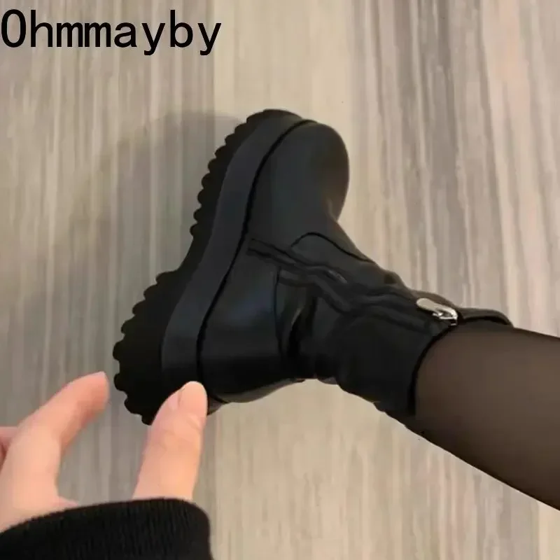 2024 New Winter Punk Style Women Ankle Boots Fashion Thick Sole Zippers Gothic Short Boot Ladies Elegant Platform Flats Shoes