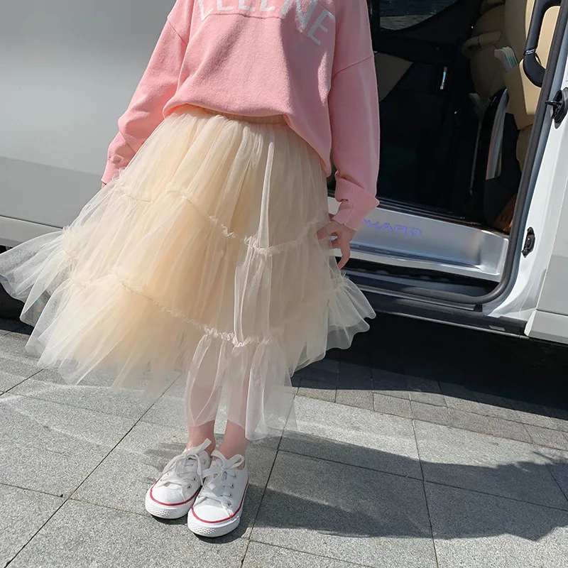 1-6Y Spring Summer Baby Girls Tutu Cake Skirts Elegant Ruffles Long Skirts Girls Elastic Waist Party Lace Skirt Mid-Calf Tulle S