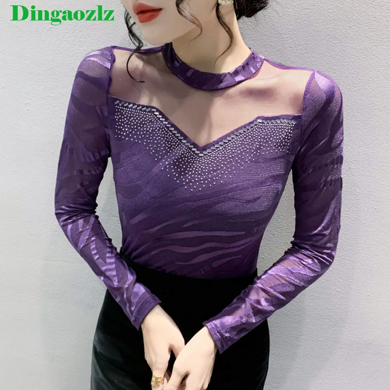 Dingaozlz Chic Style Womne T-shirt Diamonds Hollow Long Sleeve O-neck Mesh Tops Elegant Female Casual Tees