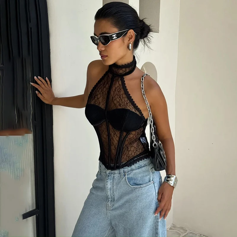 Tornova Lace Halter Corset Top For Women Backless See Through Sexy Vest Slim Fishbone Top Summer 2026 Fashion Ins Hot Camis Y2K