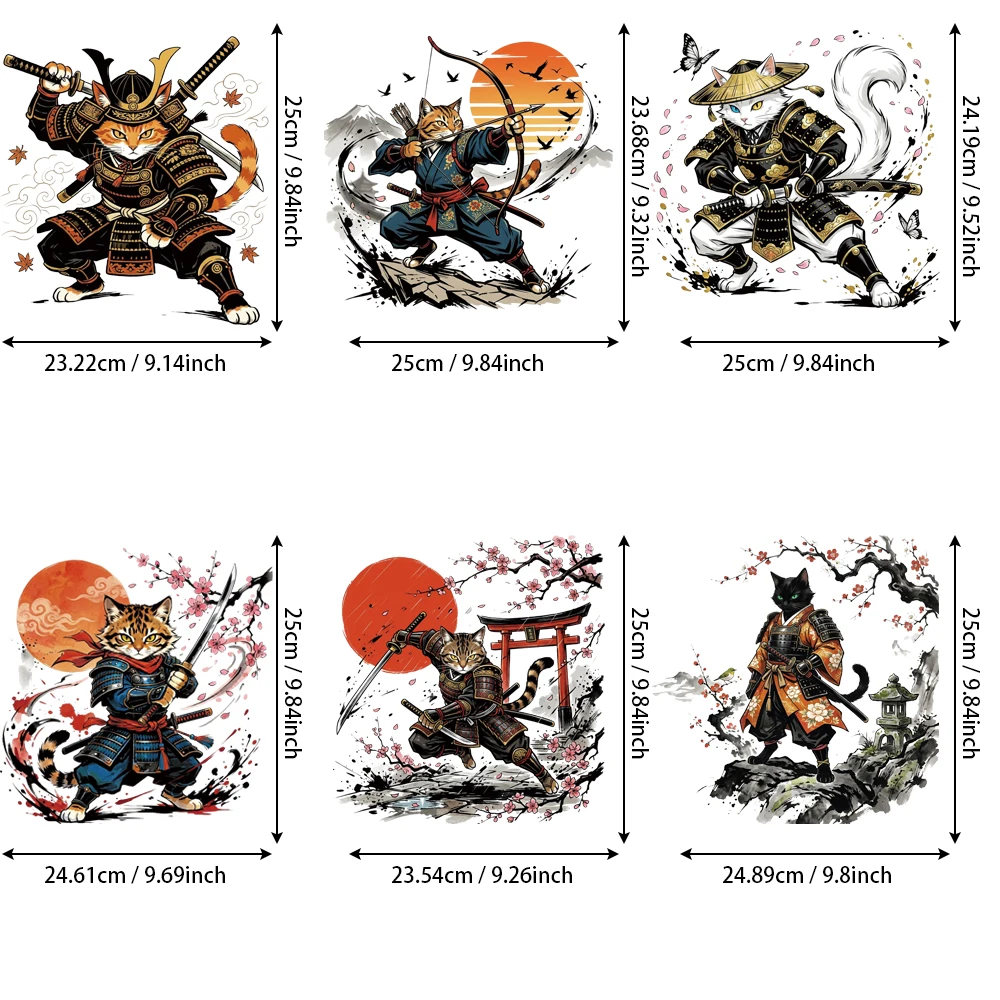 6 samurai cat DTF heat transfers, for hoodies & tote bags, wash resistant, ready to press