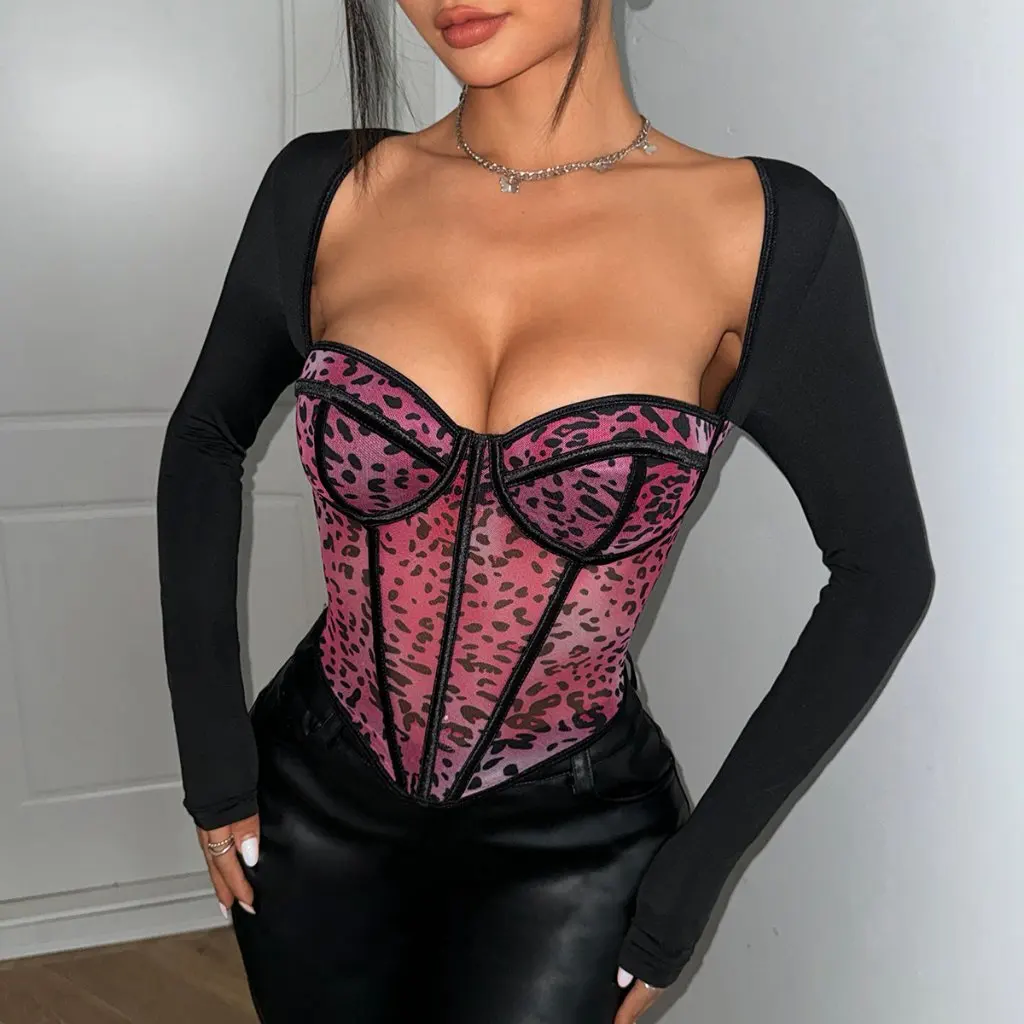 المرأة طويلة الأكمام تي شيرت ليوبارد طباعة شبكة هيكل السمكة مشد مثير التباين اللون منظور أعلى ل