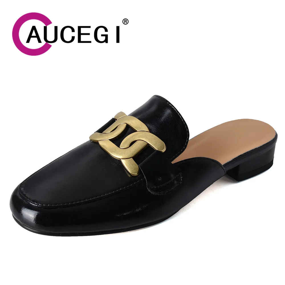 Aucegi Hot Sale Women Slipper Casual Genuine Leather Mules Buckle Decor Round Toe Slip-on Low Heels Outdoor Holiday Dress Shoes