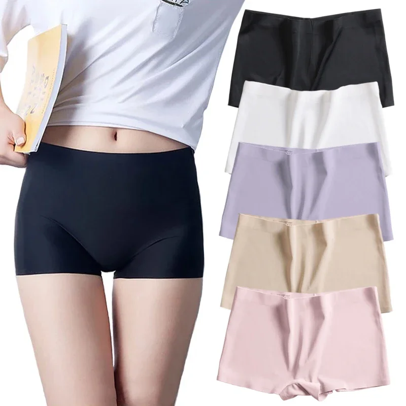 2023 Women Boyshort Panties Safety Short Summer Ice Silk Seamless Panty Underwear Black Nude Boxer Briefs Female Underpant