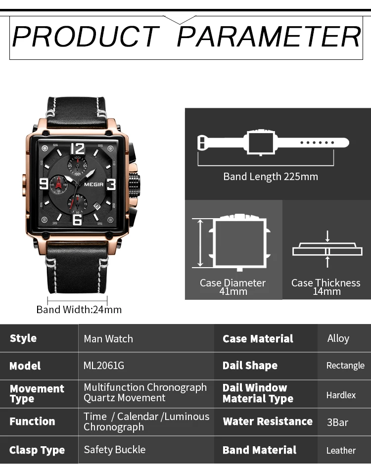 MEGIR Luxury Men\'s Watches Rectangle Quartz Military Watches Luminous Waterproof Wristwatch Calendar Male Chronograph 2061