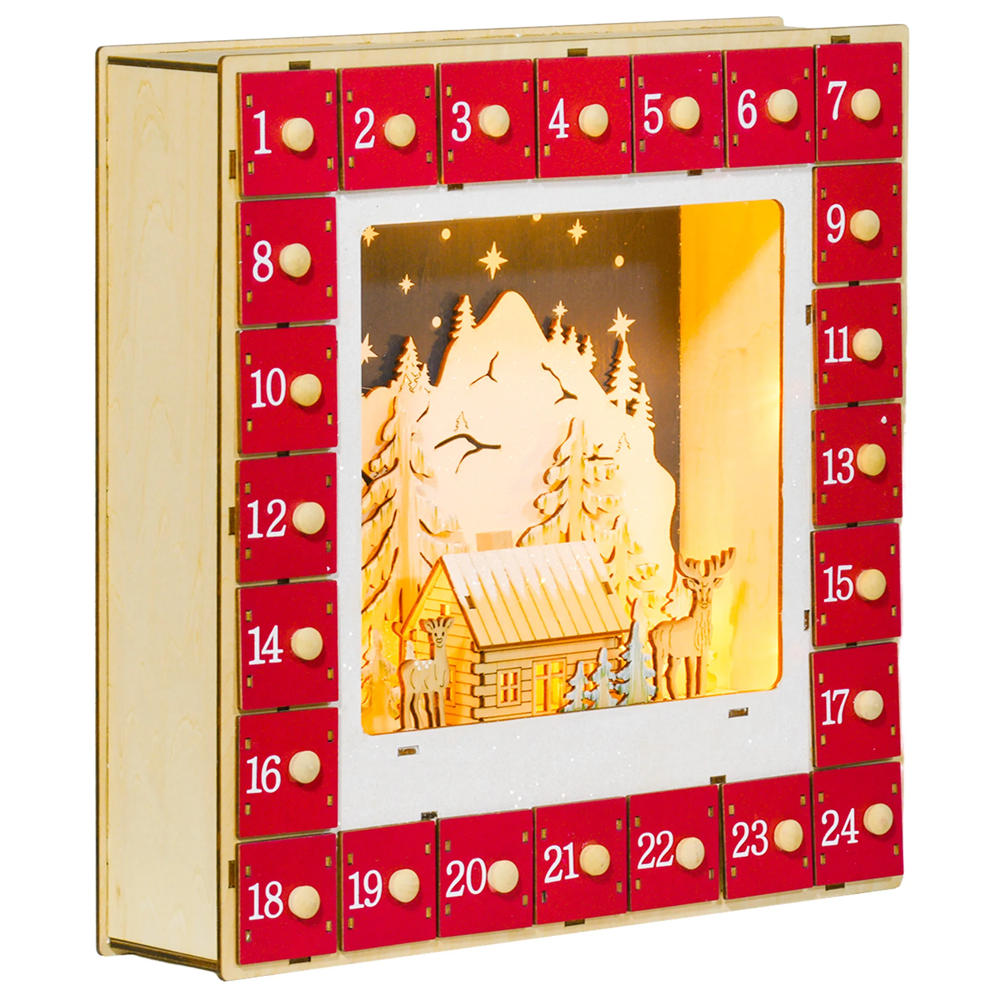 

LED Advent Calendar, Wooden Christmas Decorations, 24 Drawers to Fill, Light-Up Decoration, Red