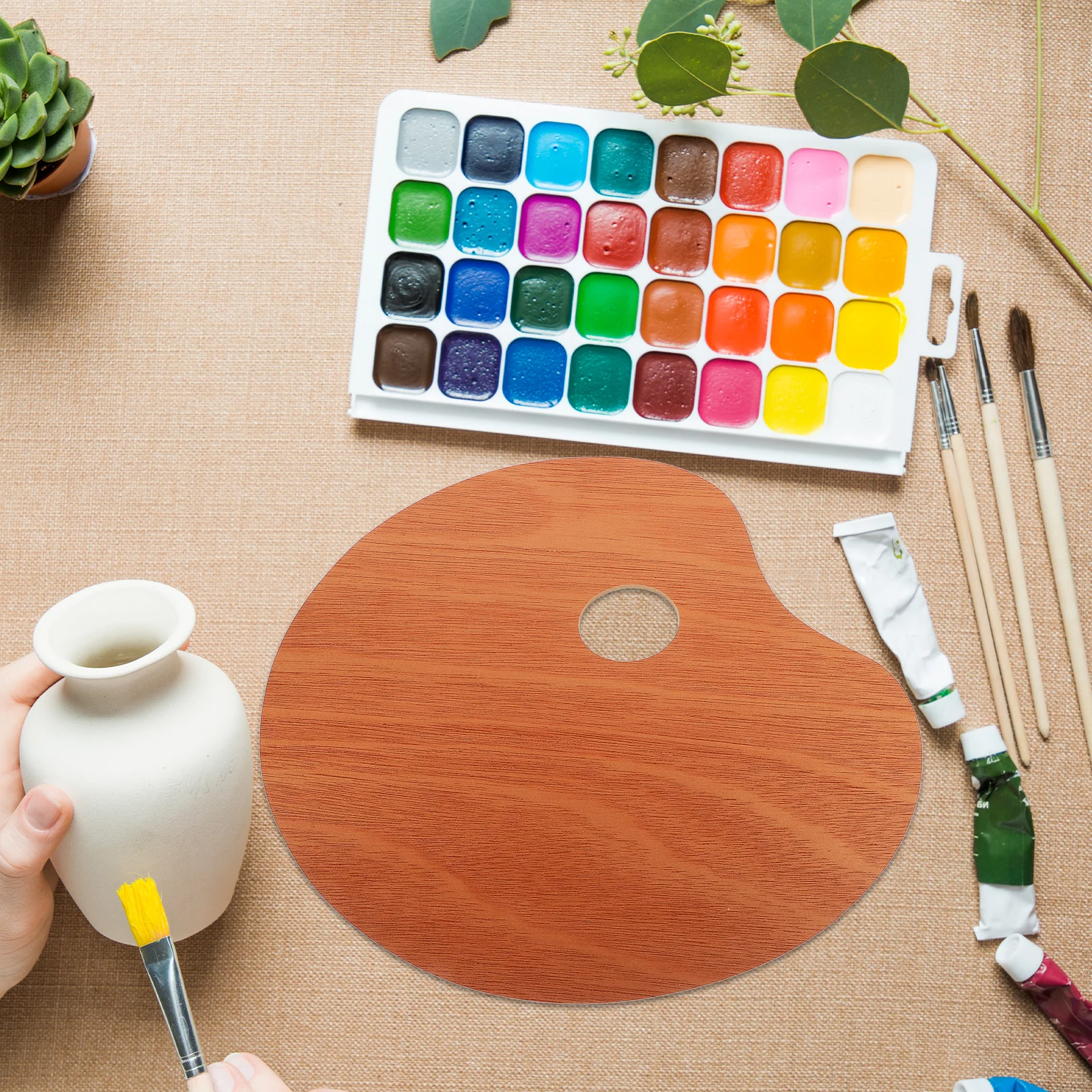 

25X30Cm Wooden Paint Palette Large Oval Thumb Hole Tray For Oil Acrylic Watercolor Painting Durable Lightweight Travel Art Tool