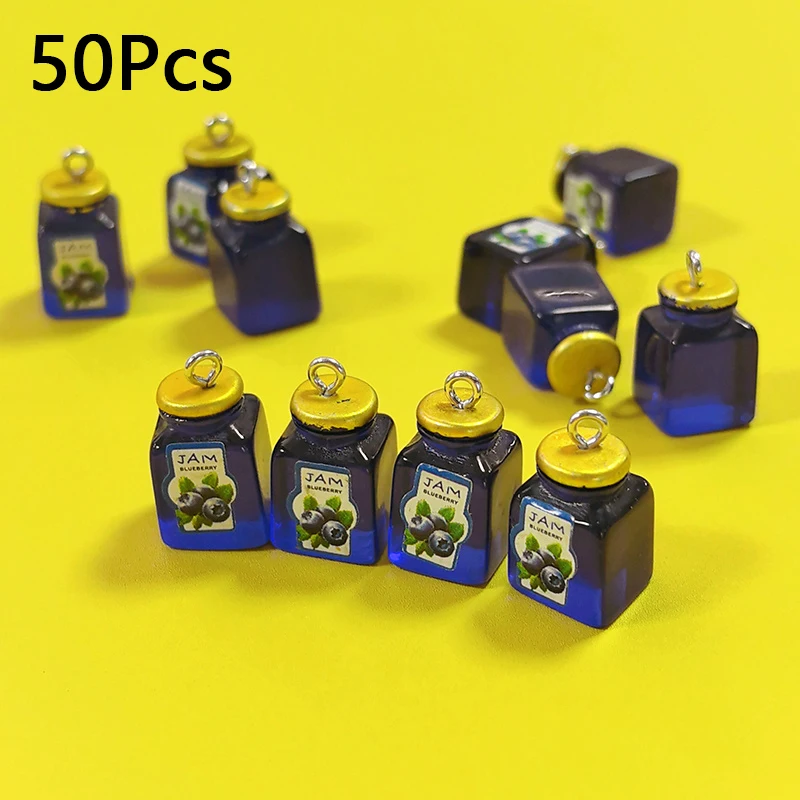 50 Uds. Botella de salsa de arándanos en miniatura 3D, dijes de resina a granel, venta al por mayor, colgante de botella de mermelada bonito y divertido, pendiente DIY, fabricación de joyería
