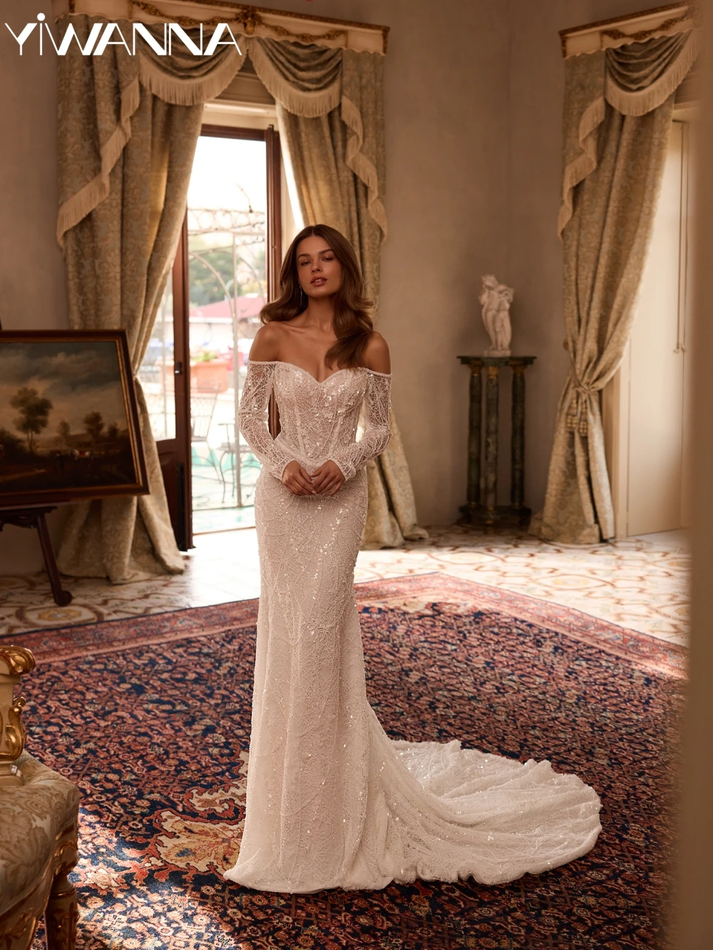 

Sparkly Beaded Lace Mermaid Long Wedding Dress Sweetheart Neck Off Shoulder Bridal Gown Customized Charming Dresses For Bride