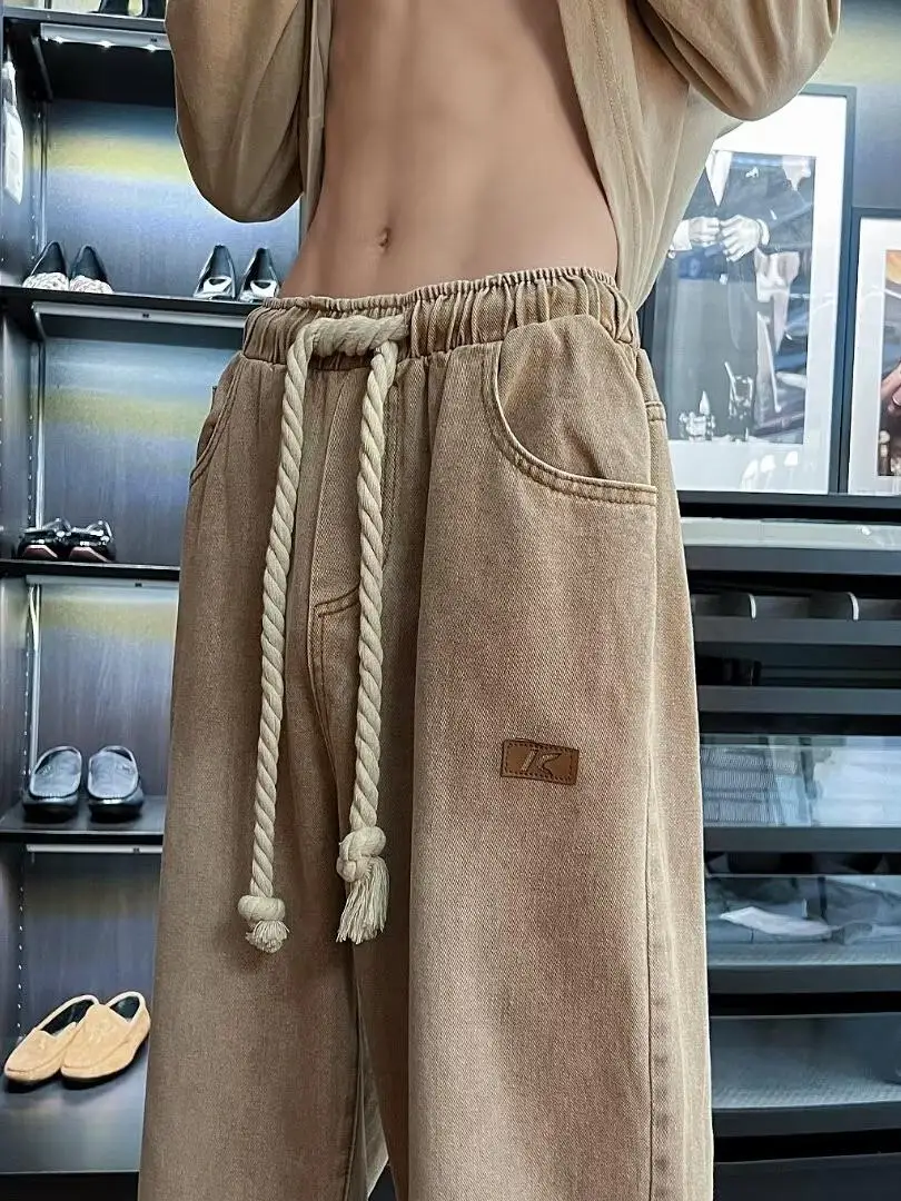 

Мужские джинсы оверсайз в стиле ретро, прямые штанины, на резинке, в американском стиле, повседневные, длинные брюки