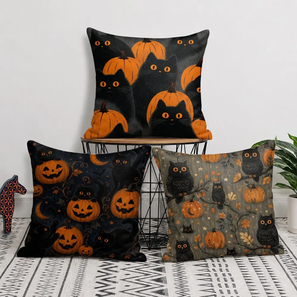 Midnight Pumpkin Cat Tales Cushion Cover Soft Short Plush Pillow Cover Smooth Cozy Texture Aesthetic Cushion Case Home Decor