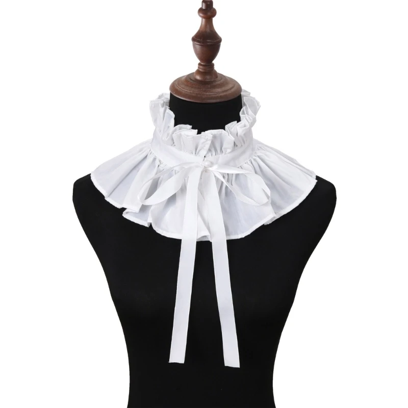 Women Elegant Ribbon Tie Ruffled Detachable False Collar Victorian Vintage Stand Neck Ruff Pleated Shawl Capelet for Party