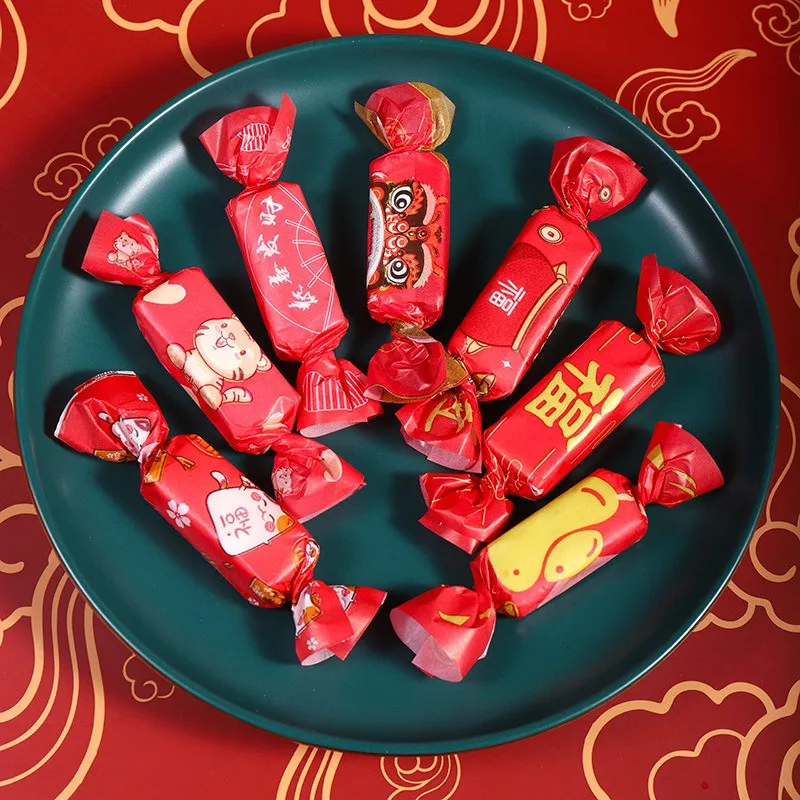 

100Pcs Red Color Chinese Style Printed Handmade Nougat Candy Packaging Oil Papers Milk Taffy Wrapper New Year Party Decor