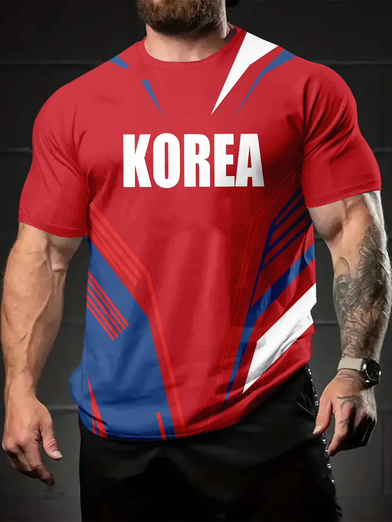 Men Red Base Blue White Sharp Geometric Graphic Short Sleeve T-Shirt