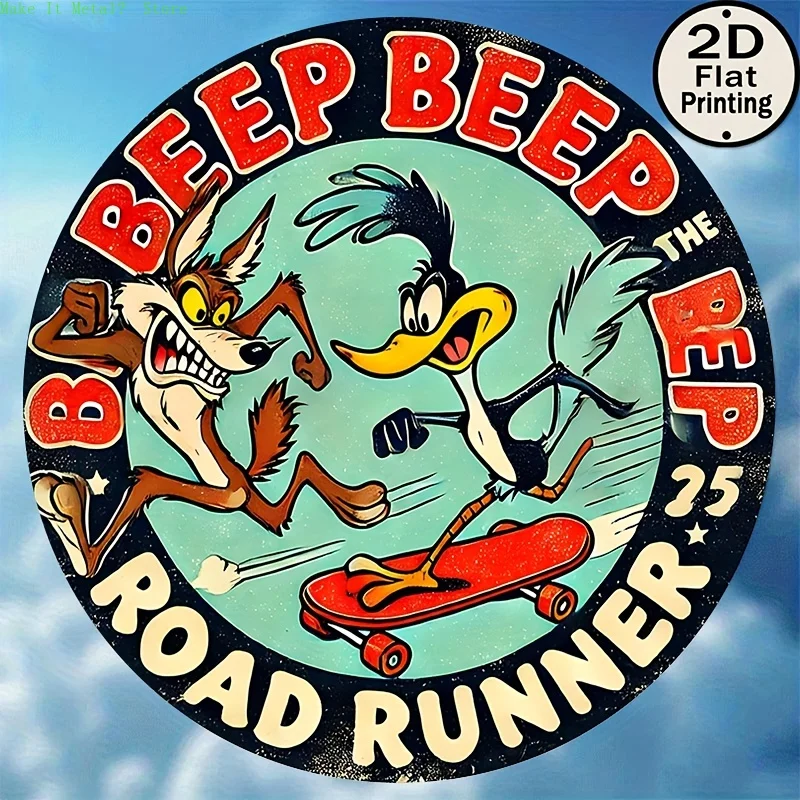 "Beep Beep Der Road Runner" Wile E. Coyote & Skateboard 2D Flaches Rundes Metallschild - Retro Cartoon Nostalgische Wanddekoration für Zuhause