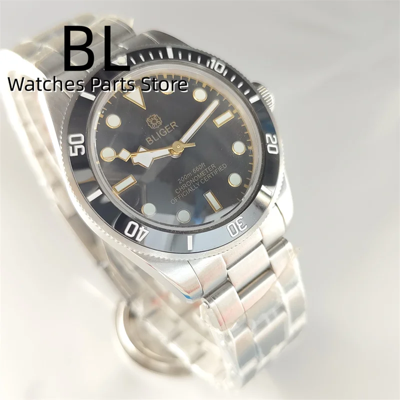 BLIGER 39mm Vintage Watch For Men NH35 Reloj Hombre With Domed Sapphire Glass Black Dial Gold Indices Snowflake Hands Waterproof