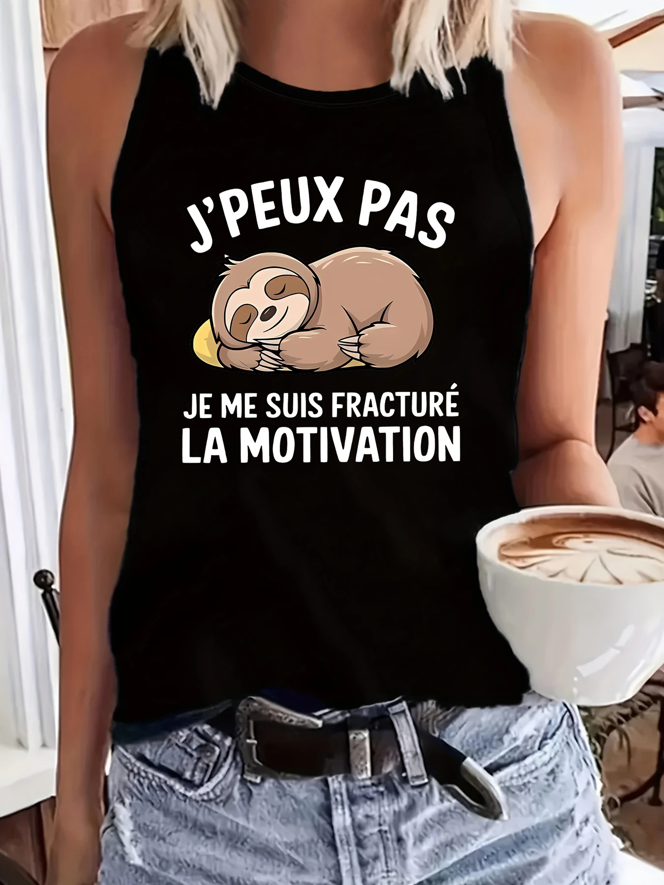 Women's round-neck sleeveless hurdle vest, with a fun French slogan of 