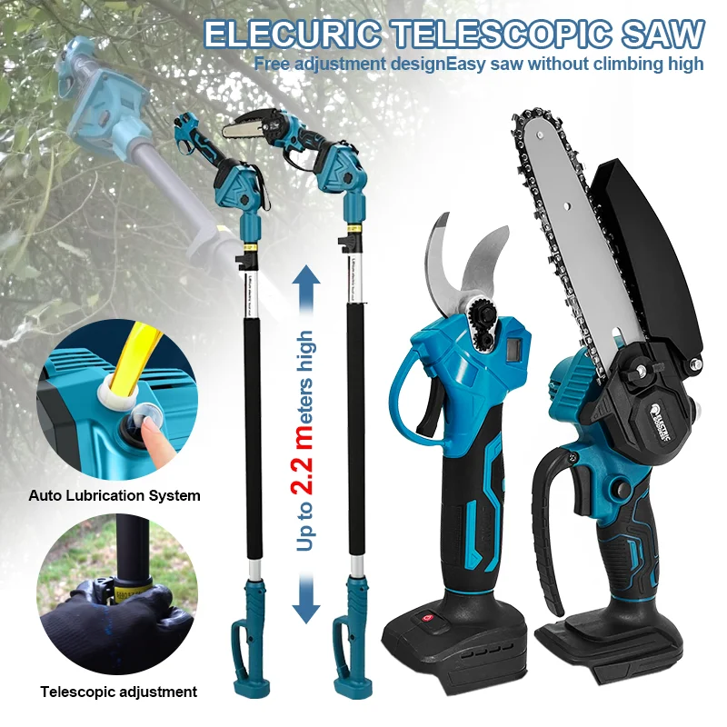 

EG Electric Pruning Shears With 2.2m Reach Extension Pole Fruit Tree Cordless Electric Garden Chainsaw For Makita 18V Battery