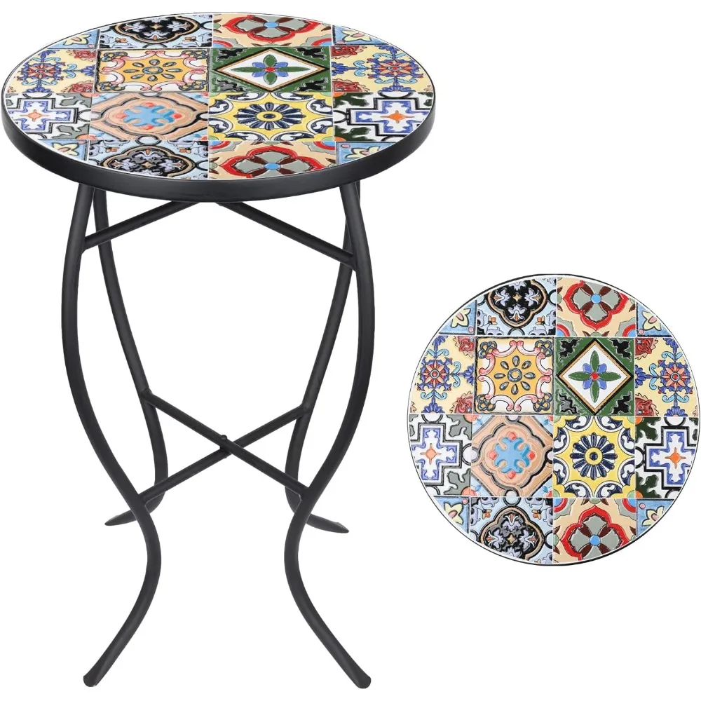 

VCUTEKA Mosaic Side Table, 21" Round End Table with 14" Ceramic Tile Top, Indoor Patio Accent Table for Yard, Garden, Living