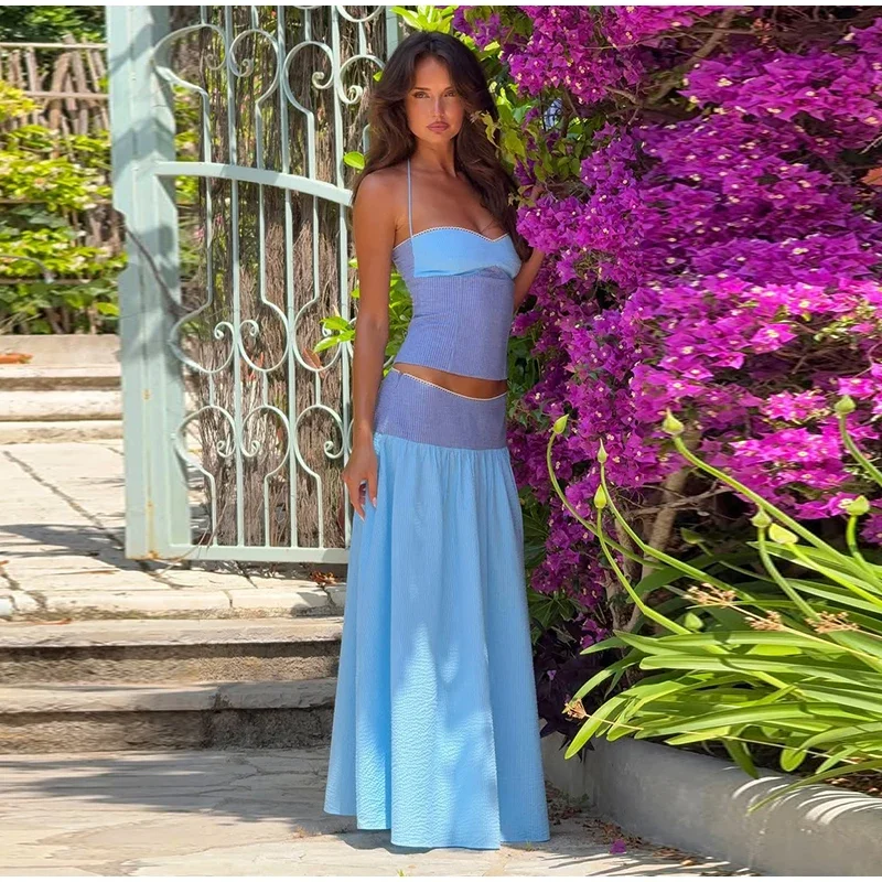 Sexy Neckholder-Crop-Top und Rock-Set für Damen – Strand-Outfit mit kontrastierendem Slim-Strick-Top und langem A-Linien-Rock – Zweiteiliges Set für den Sommer 2026 – Damen-Strandmode – Detail 9