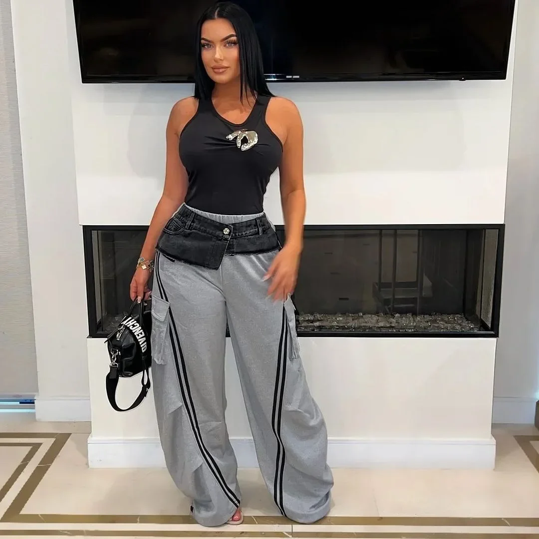 レディースデニムジョガーパンツ,ワイドレッグ,サイドポケット,スプライス,アクティブジーンズ,ルーズフィット,ファッション,2024